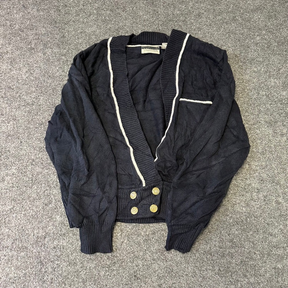 Private Collection Cardigan Womens Size M Navy Blue Cotton Gold Button Nautical